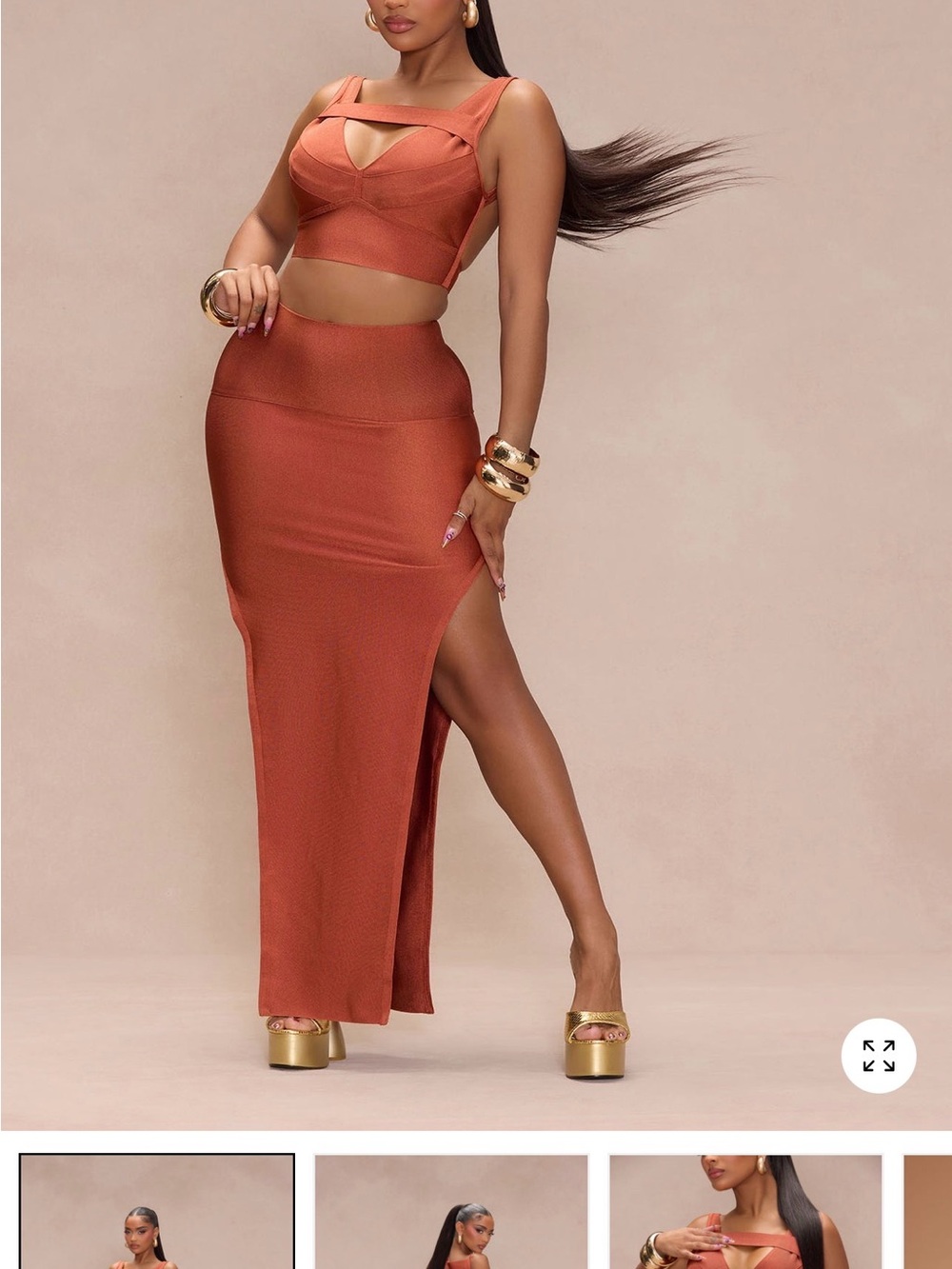 Fashion Nova Bodycon Rust Satin 2 Piece Set